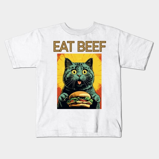 Retro Vintage Cat - Eat Beef Design | Quirky Feline Art Kids T-Shirt by KittyStampedeCo